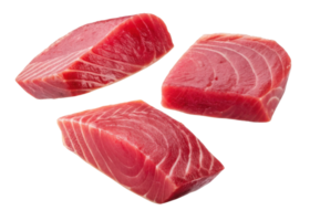 Fresh tuna meat pieces with rich red color and smooth texture perfect for cooking or sushi preparation in clean isolated setting png