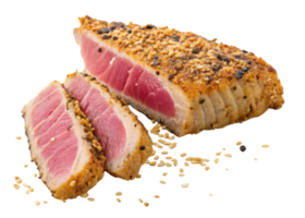 Seared tuna steak coated with sesame seeds sliced to show tender pink center and crunchy golden crust with scattered seeds around png