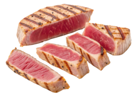 Grilled tuna steak slices with tender pink center and charred grill marks ready to serve as delicious and healthy meal option png