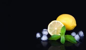 Ripe, juicy lemons and pieces of ice on the black background. Making lemonade. Preparation refreshing summer drink. Close-up. Copy space. photo