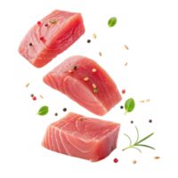 Fresh tuna pieces with herbs and spices floating around create vibrant and appetizing seafood presentation full of flavor and freshness png