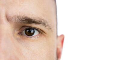 Banner. The eye of a young man on a white background. Close-up. Place for text. Selective focus. photo