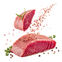Fresh tuna steak with herbs and spices sprinkled on top creating vibrant and appetizing scene full of flavor and freshness png