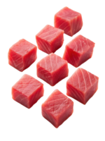 Fresh tuna cubes are neatly cut into perfect shapes showing vibrant red color and texture, ideal for sushi or sashimi dishes png