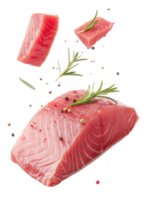 färsk tonfisk bitar med rosmarin och pepparkorn skapa vibrerande och aptitlig visa av rå skaldjur perfekt för matlagning eller sushi älskande png