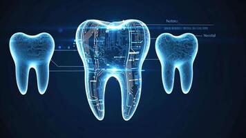 Futuristic digital illustration of three glowing teeth with microchip circuits, blue light effects, and data overlays, representing advanced dental technology, innovation, and medical video