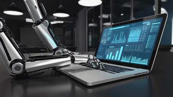 Futuristic robotic arms interacting, typing with a laptop displaying data charts and analytics, symbolizing artificial intelligence, automation, and advanced technology in a modern video