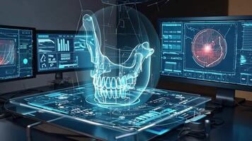 Futuristic medical interface with 3D holographic model of human jaw displayed above touch screen, surrounded by diagnostic monitors and data analysis, representing innovation in dental video