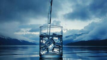 Cold fresh water with ice cubes being poured into glass standing on calm lake surface with mountains and clouds in background, symbolizing purity, freshness, hydration, natural clean video
