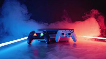 Gaming console playing games, two controllers in vibrant cloud of red, blue smoke, illuminated by LED strip lights, symbolizing the excitement, technology, energy of modern gaming video