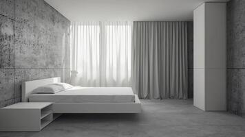 Minimalist bedroom, hotel apartments, interior with white bed, concrete walls, soft curtains, and modern wardrobe design, emphasizing simplicity, calmness, and neutral tones in a video