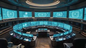 Futuristic command center with a curved control desk, multiple glowing blue digital screens, ergonomic chairs, designed for advanced monitoring, technology, cybersecurity, or space video