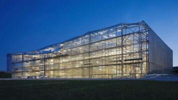 Modern industrial building with transparent glass and steel architecture illuminated at twilight, showcasing contemporary engineering, innovation, futuristic design in an open green video