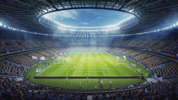 panorámico ver de un lleno fútbol estadio durante un En Vivo fósforo, con aficionados aplausos, brillante estadio luces, y equipos jugando en un verde campo debajo un grande abierto techo, capturar el emoción video