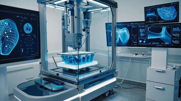 Advanced 3D printer creating anatomical bone model in high-tech medical lab, surrounded by digital diagnostic displays, symbolizing innovation in healthcare, orthopedics, and biomedical video