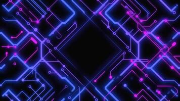 Abstract glowing neon circuit pattern in pink and blue tones forming a symmetrical futuristic frame on a black background, symbolizing digital connections, modern technology, and video