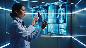 Female doctor using futuristic touchscreen interface to analyze digital x-rays and medical data in a high tech lab showing innovation in healthcare, diagnostics, and modern medical video