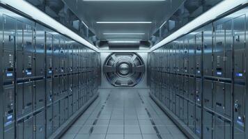 Secure high-tech data center hallway with rows of server racks and a futuristic vault door at the end, symbolizing strong digital security, information storage, and cyber infrastructure video