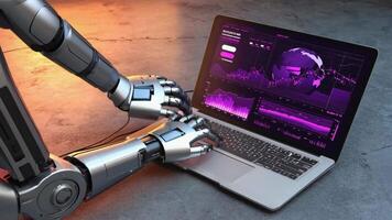 Futuristic robotic hand interacting with a laptop displaying vibrant global financial analytics and data charts, symbolizing artificial intelligence, digital economy and tech-driven video