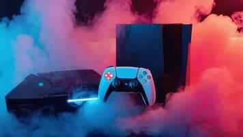Modern gaming console with controllers surrounded by vibrant red and blue smoke, creating a dynamic and futuristic atmosphere ideal for promoting high-tech entertainment and video