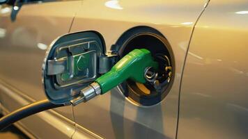 vert carburant buse inséré dans une argent voiture auto gaz réservoir à une ravitaillement gare, représentant transport, pétrole énergie, véhicule Ravitaillement, et le routine processus de remplissage en haut video