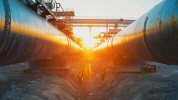 Workers walk between massive oil and gas pipelines during sunset at an industrial construction site, highlighting the scale, power of modern energy infrastructure and engineering piping video