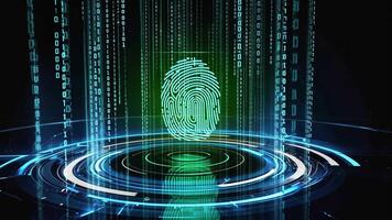 Green holographic fingerprint surrounded by digital binary code, glowing circular interface representing biometric access, cyber identity protection, data security, futuristic video