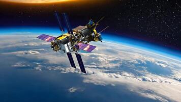 Advanced satellite equipped with solar panels orbiting Earth with a dramatic view of the planet surface and a glowing celestial body in background symbolizing modern space technology video
