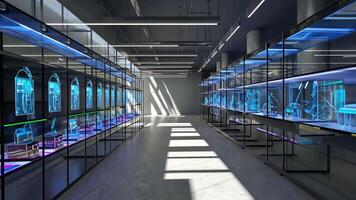Futuristic tech showroom with digital holograms of modern gadgets on glass displays, illuminated by cool lighting and sunbeams, perfect for innovation, electronics, product design, and video