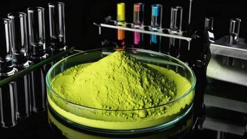 Bright yellow-green powder in a petri dish surrounded by empty and filled test tubes on glossy black laboratory surface, symbolizing chemical research, science experiments, lab analysis video