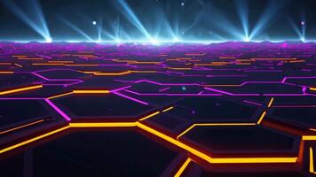 Futuristic digital landscape with glowing neon hexagons and light beams in a cyberpunk inspired environment, abstract technology, digital world, virtual reality, and data driven concept video