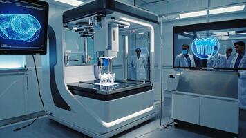 Futuristic 3D printer fabricating dental prosthetics in high-tech lab, with scientists observing holographic data screens, showcasing innovation in dentistry, medical engineering, digital video
