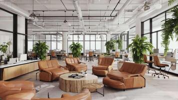 Modern coworking office space with stylish leather lounge chairs, wooden tables, computer desks, and lush green plants, designed with open ceilings and large windows for a creative video