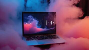 computador portátil, moderno computador pc flutuando dentro vibrante vermelho e azul fumaça com futurista digital interface em tela, simbolizando avançado tecnologia, digital transformação e imersivo video