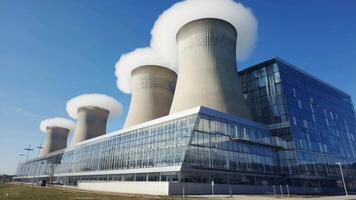 Modern glass industrial building with large cooling towers emitting steam into a clear blue sky, representing advanced energy production, environmental impact, infrastructure engineering video