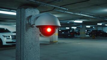 Dome-shaped security camera with glowing red light mounted on a concrete pillar in an underground parking garage, monitoring parked cars and ensuring safety in a dimly lit secure video