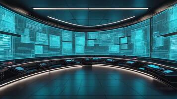 Futuristic control room with a curved wall of glowing blue digital screens and high-tech consoles, designed for data monitoring, cyber operations, technology or sci-fi command center video
