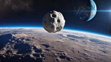 Large cratered asteroid, meteorite hovering above the moon rugged surface with Earth visible in the distance, representing cosmic phenomena, space science, and celestial exploration in video