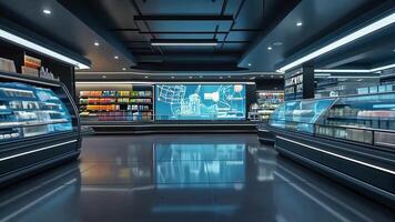 Futuristic supermarket with sleek design, digital interfaces, illuminated aisles, and smart product displays, ideal for modern retail, innovation, technology, virtual shopping, smart video