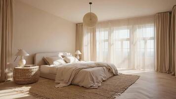 brillant minimal chambre intérieur avec Naturel textures, confortable literie, osier meubles, doux beige tons, et grand ensoleillé les fenêtres encadré avec pur rideaux création une paisible et video