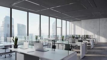 Modern open-plan office space, workplace with rows of white desks, ergonomic chairs, laptops, and potted plants, surrounded by large glass windows offering panoramic city views and video
