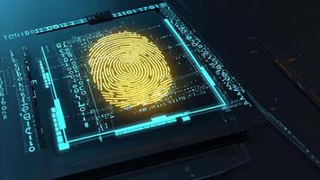 Glowing yellow fingerprint displayed on high tech digital interface with binary code representing secure biometric authentication, identity verification, cybersecurity, and futuristic video