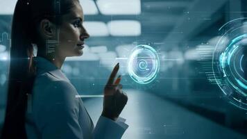 Young manager businesswoman interacts with AI AR holographic interface UI science research female scientist modern technology lab VR virtual reality artificial intelligence network video