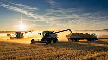 Combine harvesters working on golden wheat field during sunset, unloading grain into tractor trailers, creating dust clouds in rural landscape, symbolizing modern agriculture and food video