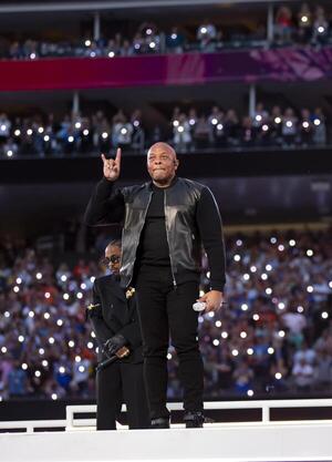 Dr. Dre performs during the halftime show for Super Bowl LVI between the Los Angeles Rams and the Cincinnati Bengals at SoFi Stadium. - Editorial Image