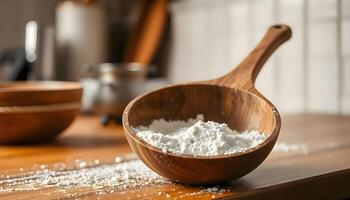 A wooden spoon with flour on a counter photo