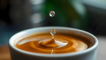 a drop of liquid is falling into a cup of coffee photo