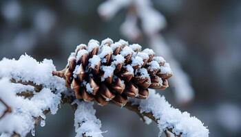 A pine cone is covered in snow photo