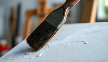 A brush is being used to paint on a white canvas photo