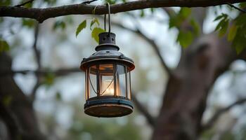 A lantern hanging from a tree in the forest photo